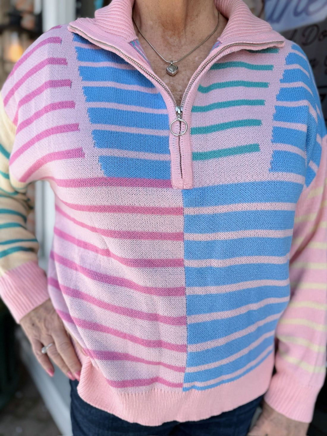 Stripe Colorblock Half Zip Sweater