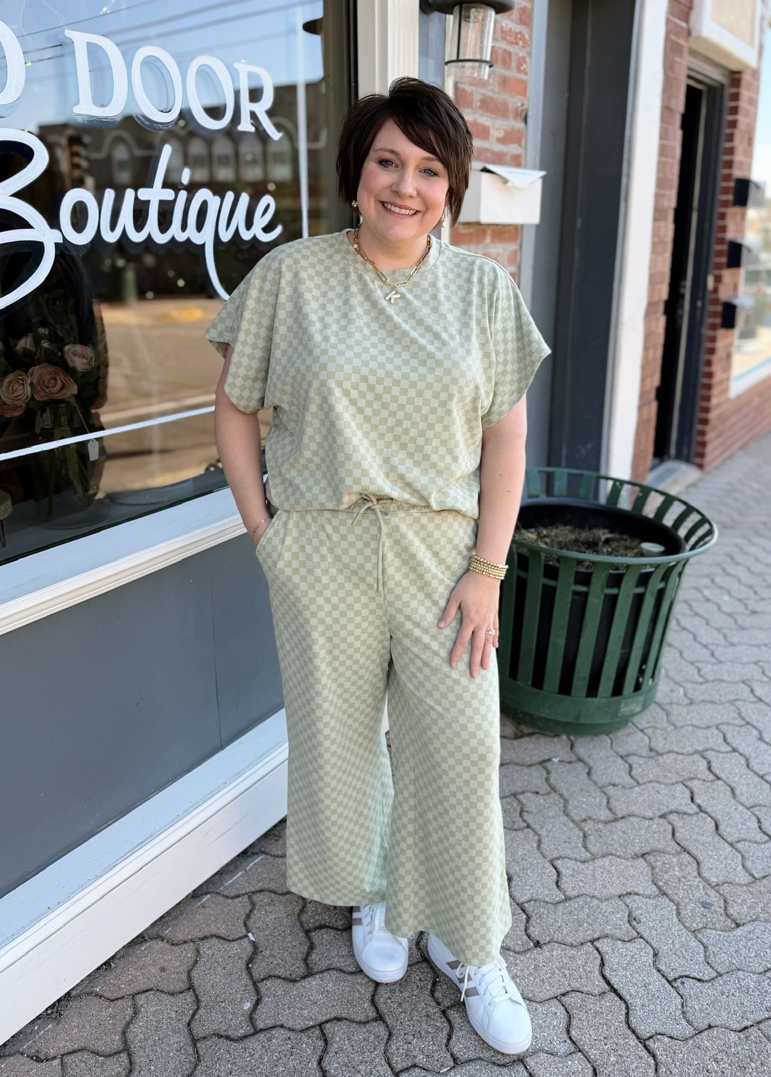 Soft Checkered Print Short Sleeve Top
