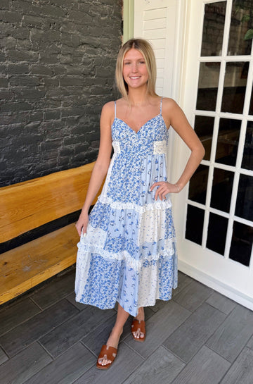 Blue Multi Checkered Pattern Midi Dress