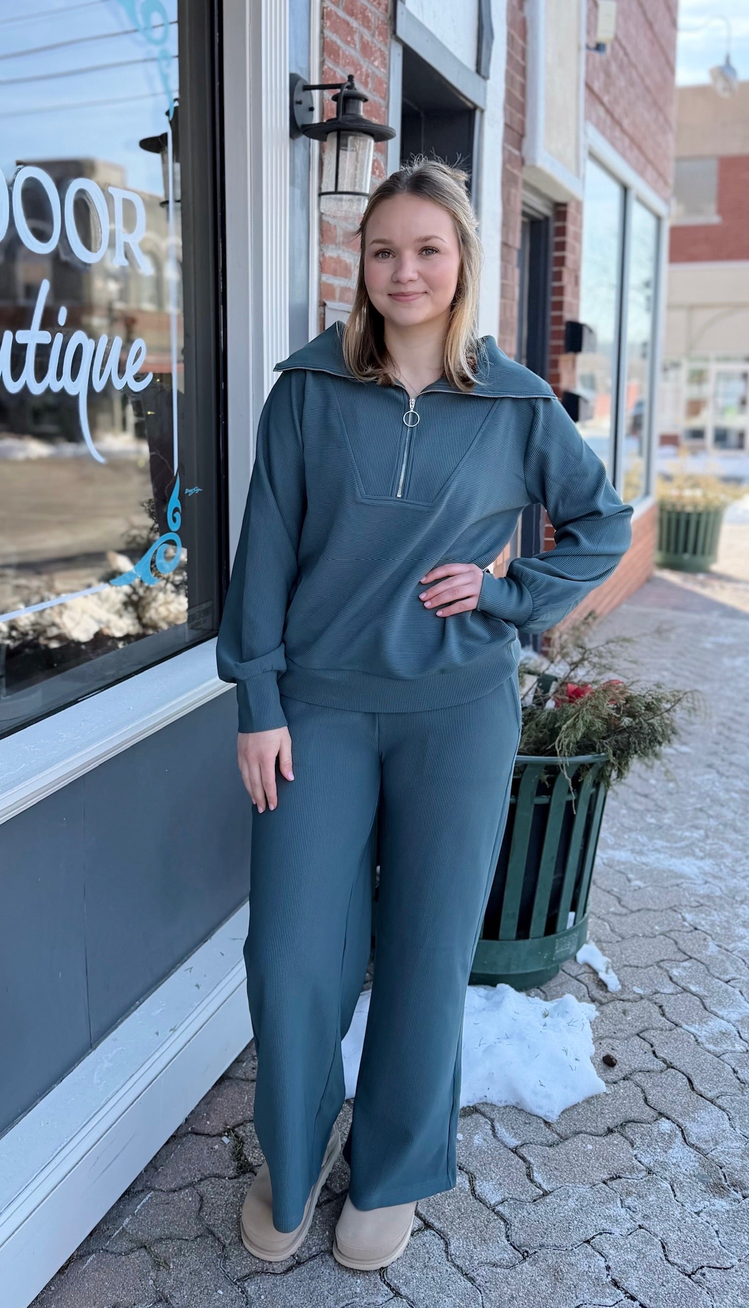 Ribbed Half Zip Pullover and Pant Set