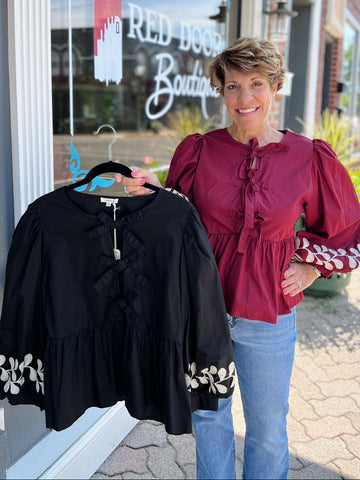 Front Bow Tie Embroidered Peplum Top