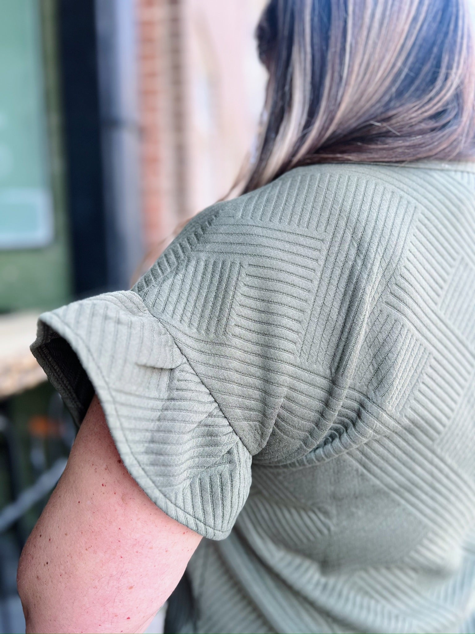 Curvy Olive Quilted Ruffle Sleeve Dress