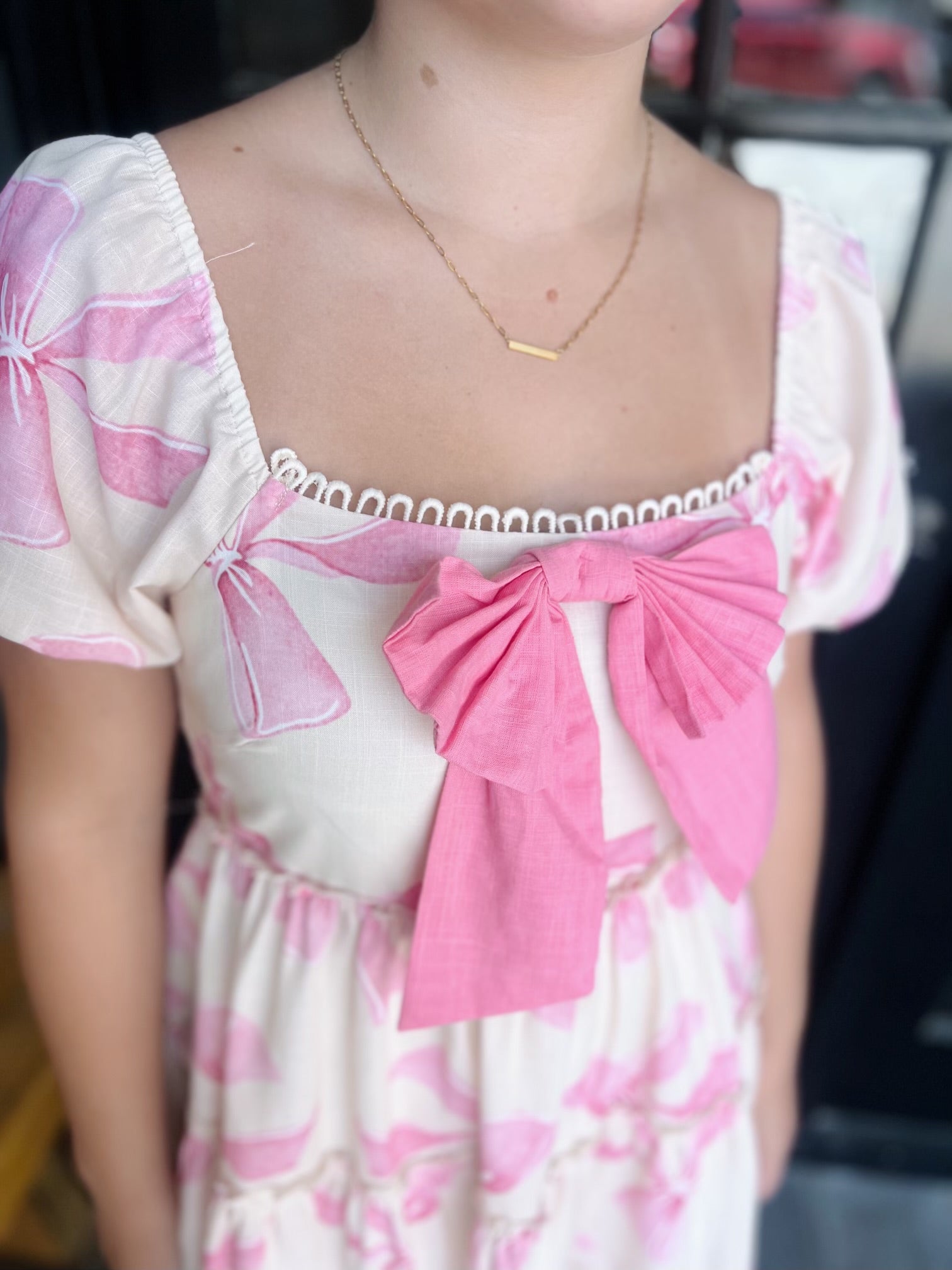 Cream With Pink Bow & Bow Pattern Dress