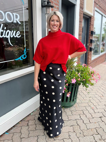 Black Satin Maxi Skirt with Elastic Waist in Polka Dot