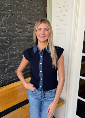 Navy Contrast Cap Sleeve Top