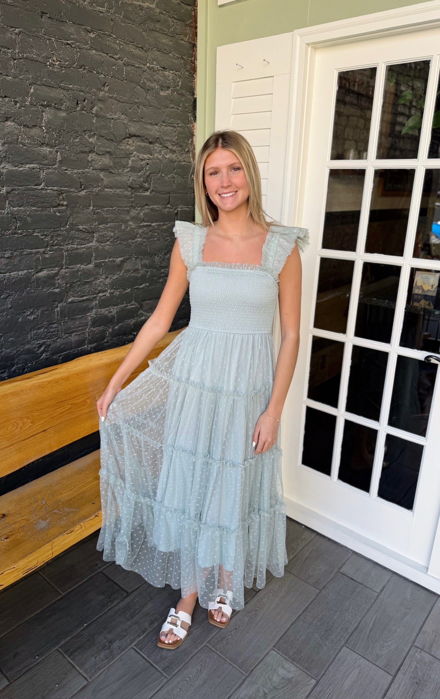 Polka Dot Print Tulle Tiered Midi Dress