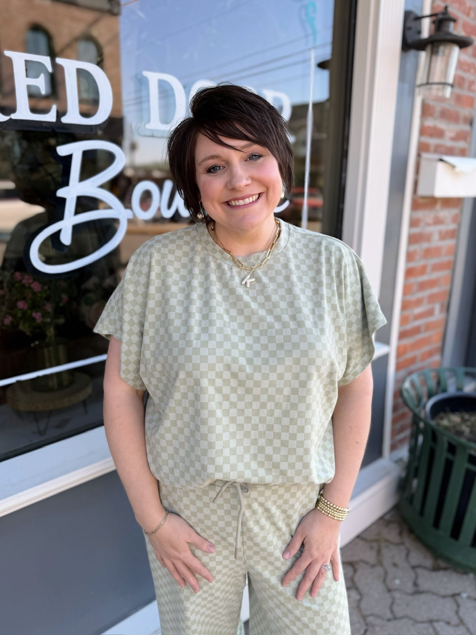 Soft Checkered Print Short Sleeve Top