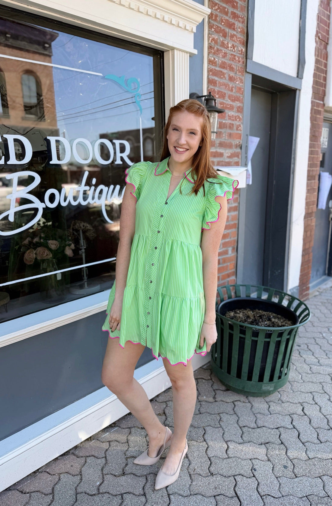 Green Pinstripe Pink Tiered Dress