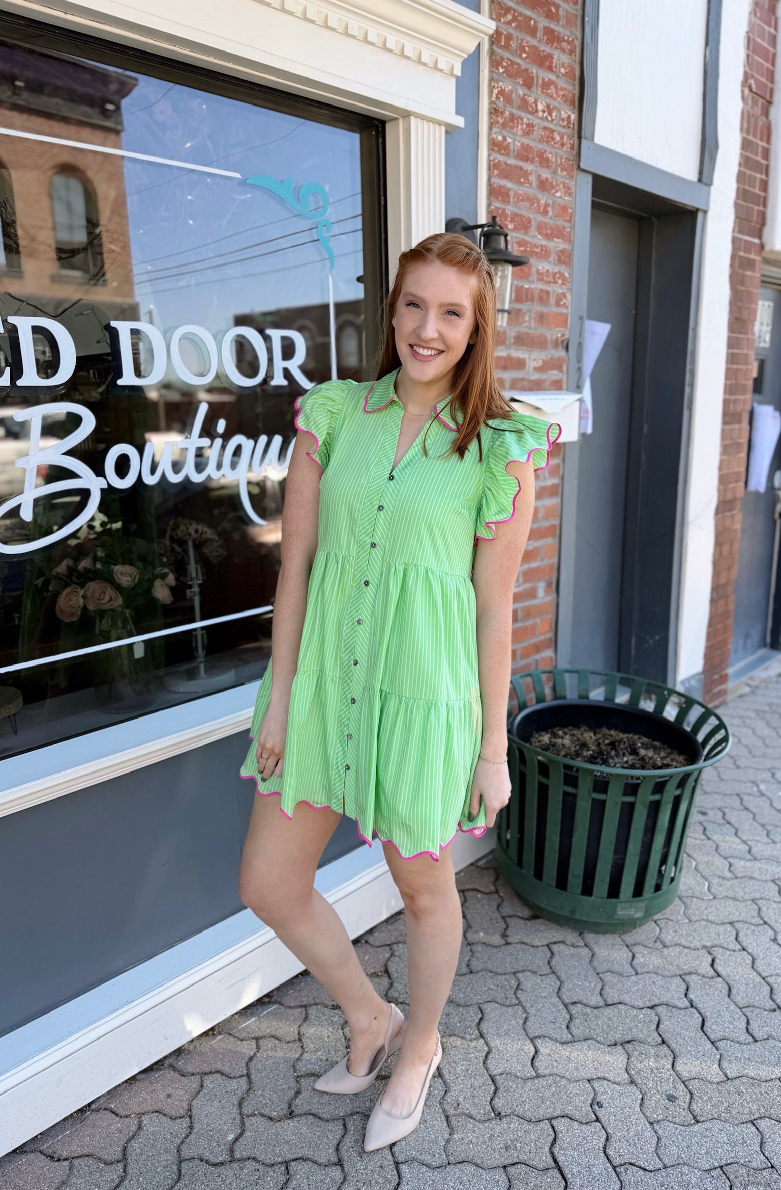 Green Pinstripe Pink Tiered Dress