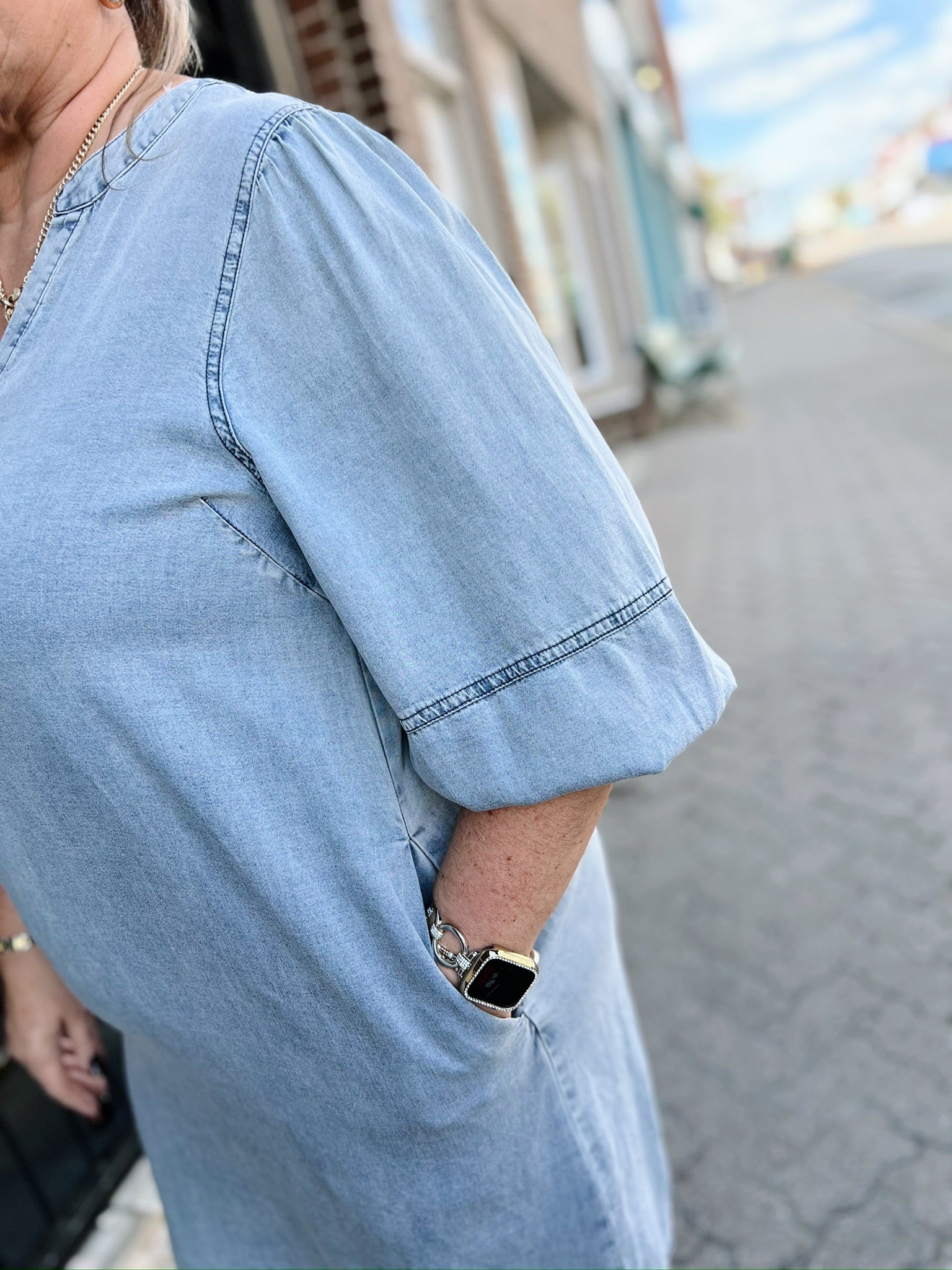 Curvy Denim Blue 3/4 Balloon Sleeve Dress
