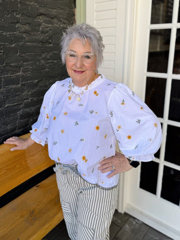 White Scalloped Hem Floral Embroidered Top