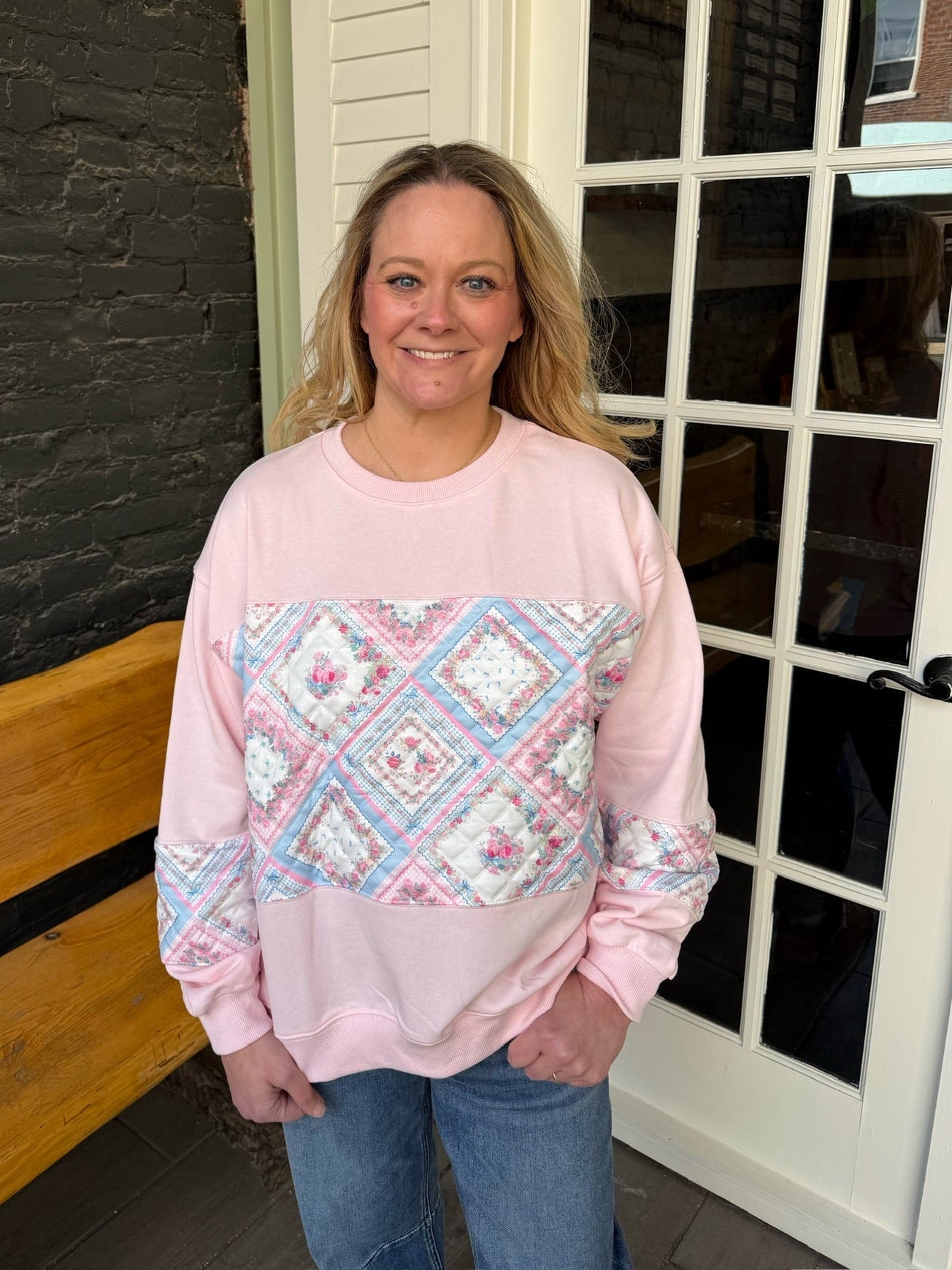 Pink Quilted Patchwork Crewneck