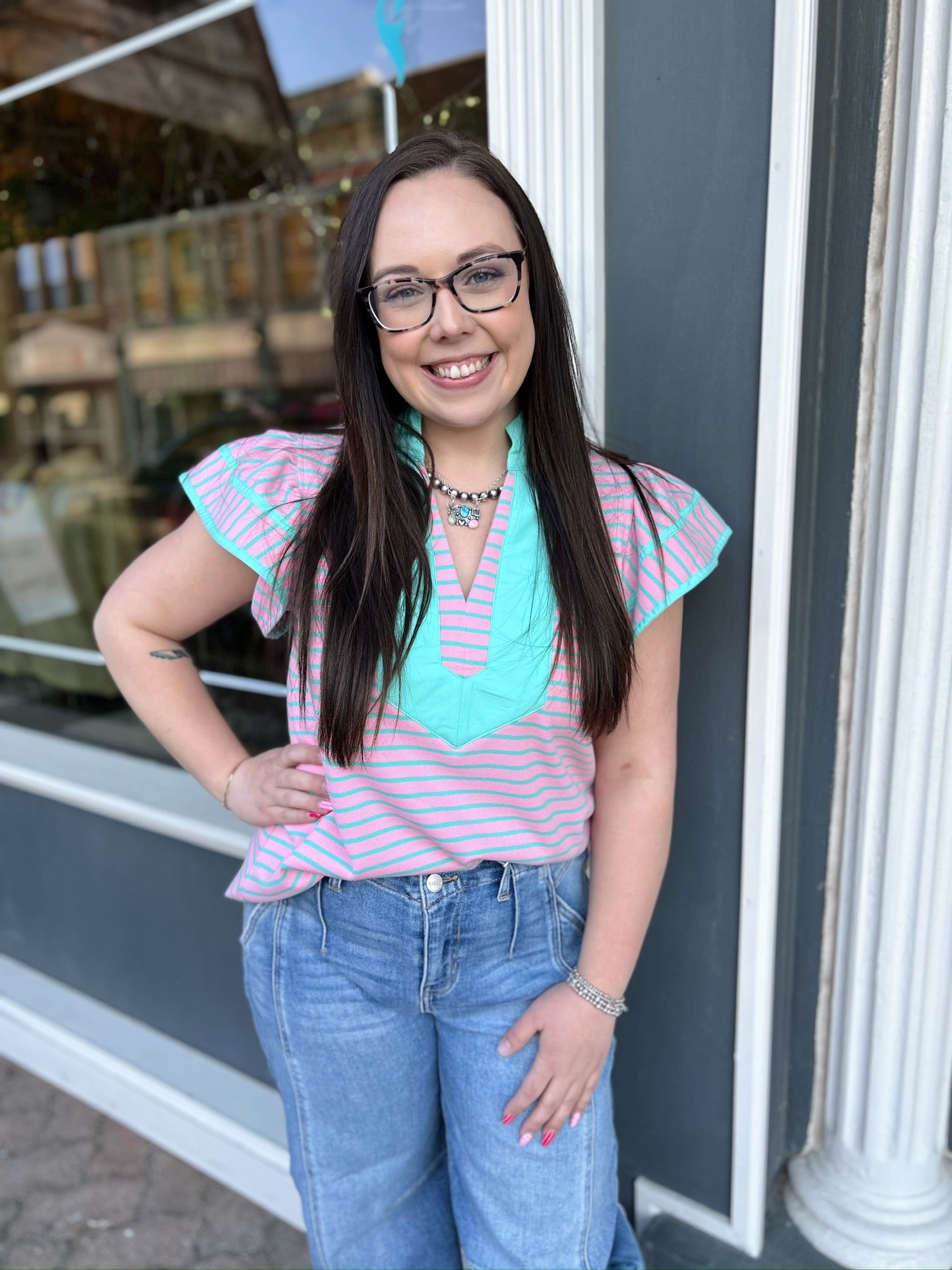 Pink Striped Flutter Sleever Contrast V- Neck Top