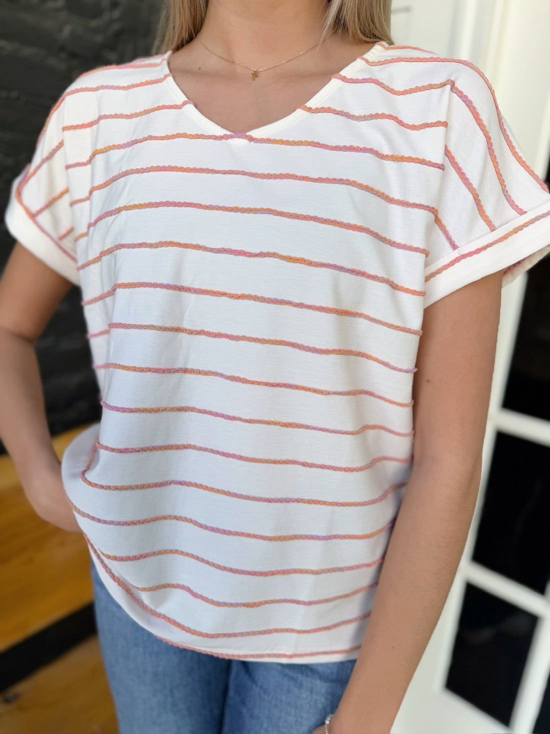 V Neck Short Sleeve Textured Stripe Top