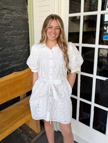 White Eyelet Collared Dress