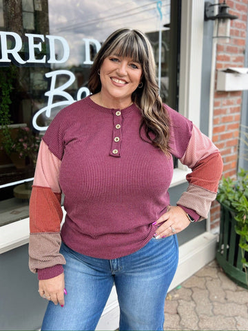 Curvy Burgundy Colorblock Long Sleeve Top