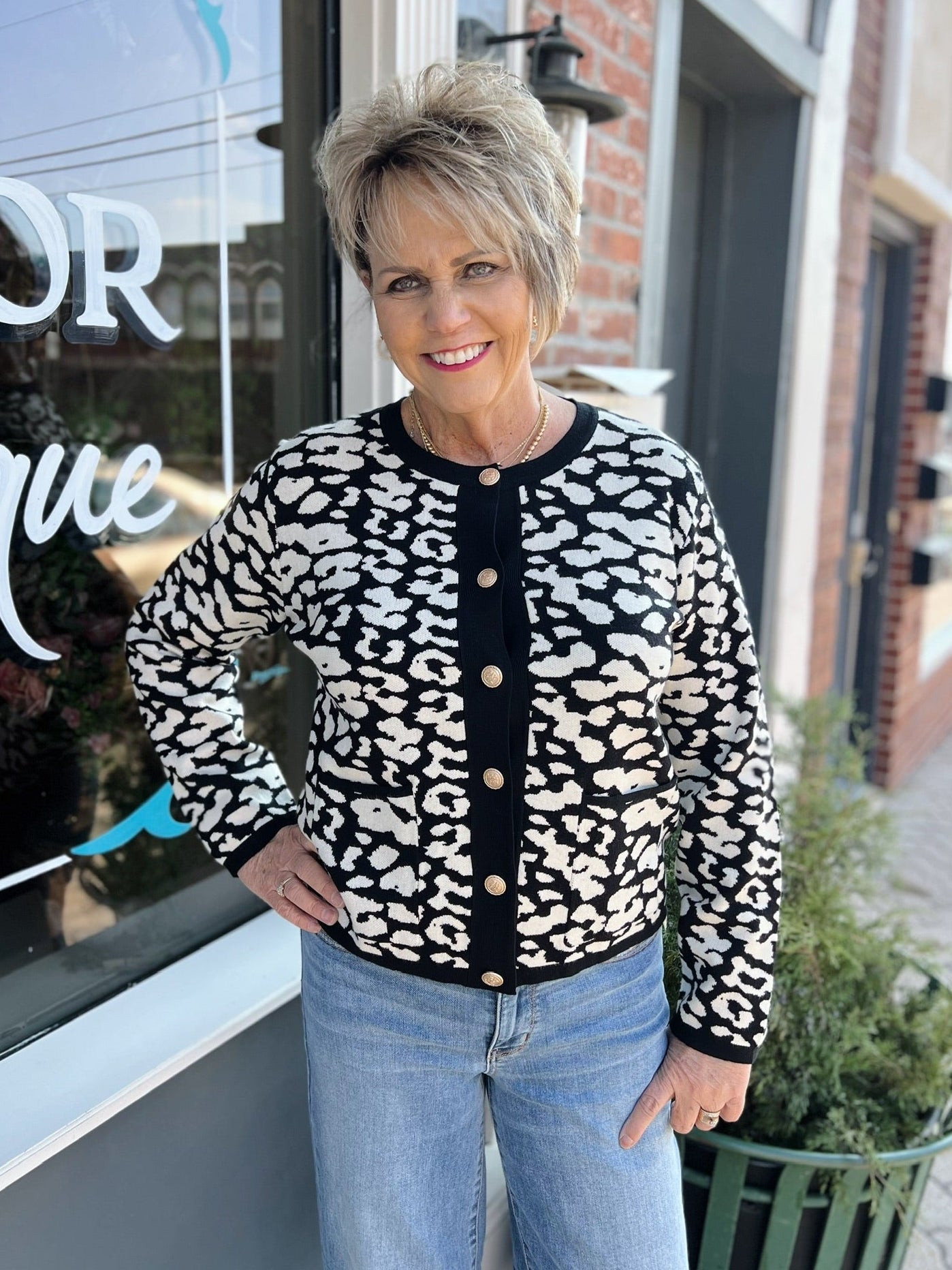Black Leopard Cardigan With Gold Buttons and Pockets