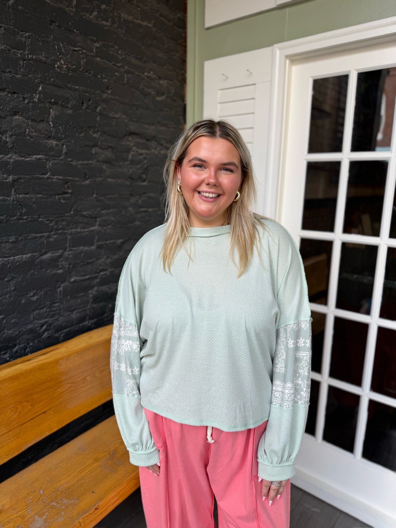 Curvy Light Sage Boho Bubble Sleeve Top