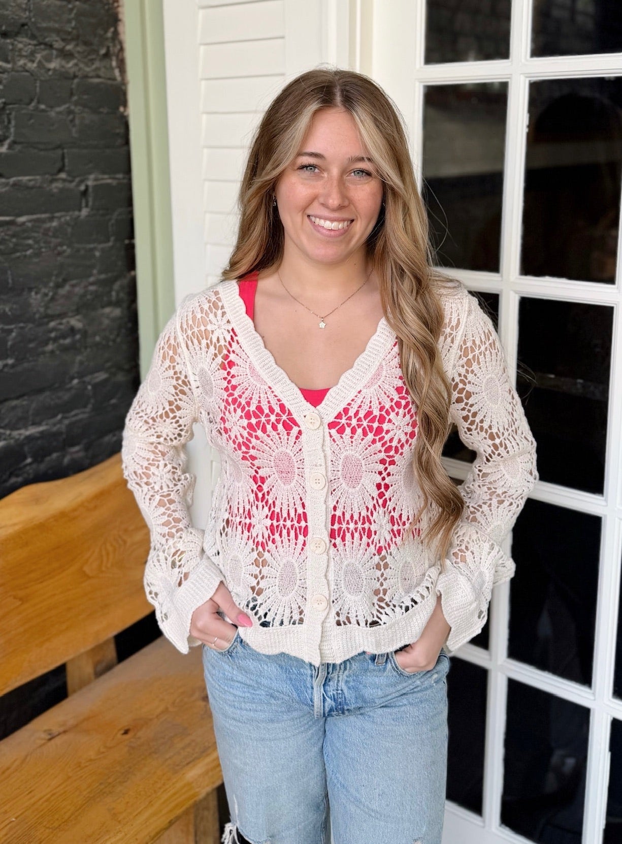 Ivory Floral Crochet Button Front Cardigan