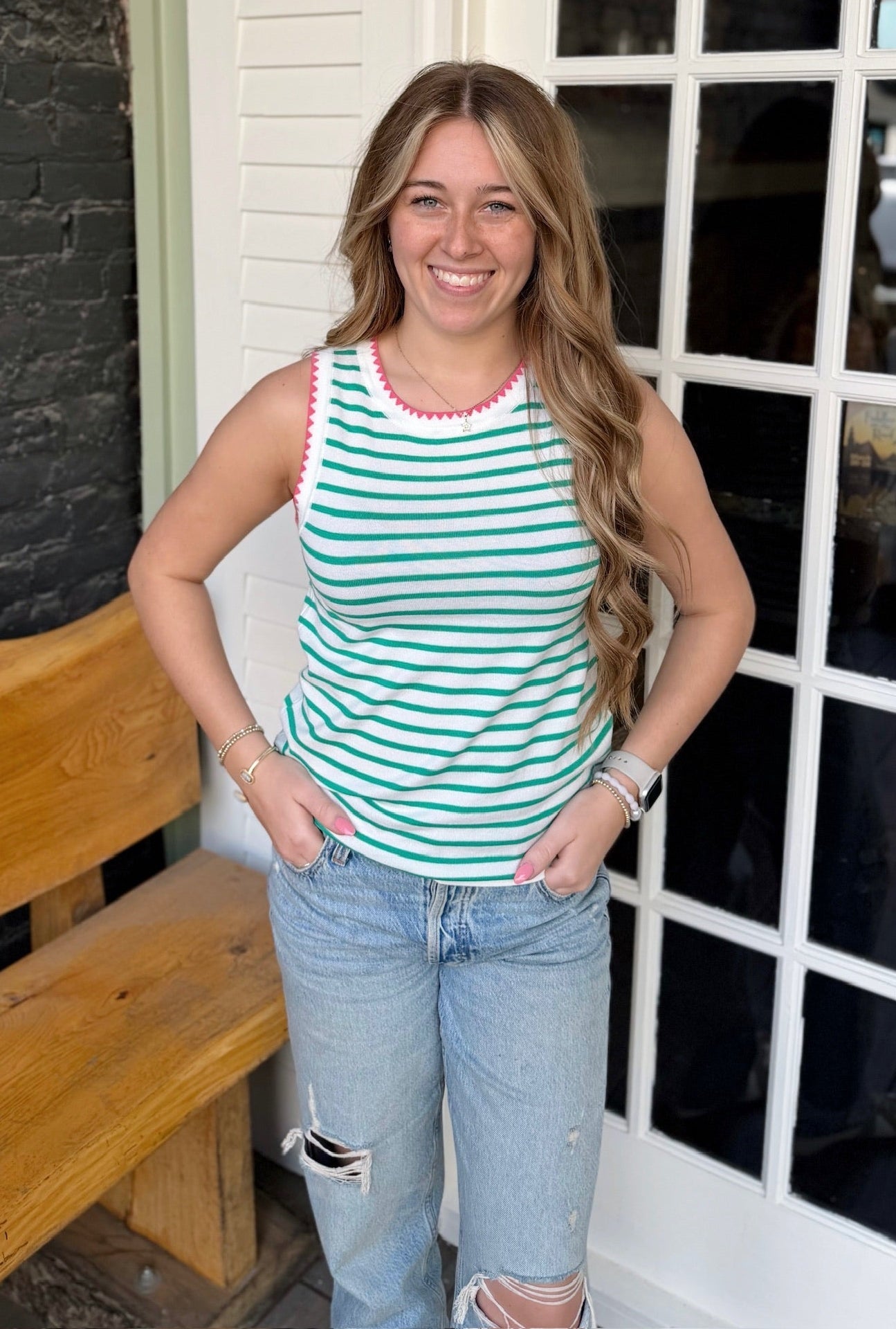 Green Striped Knit Tank