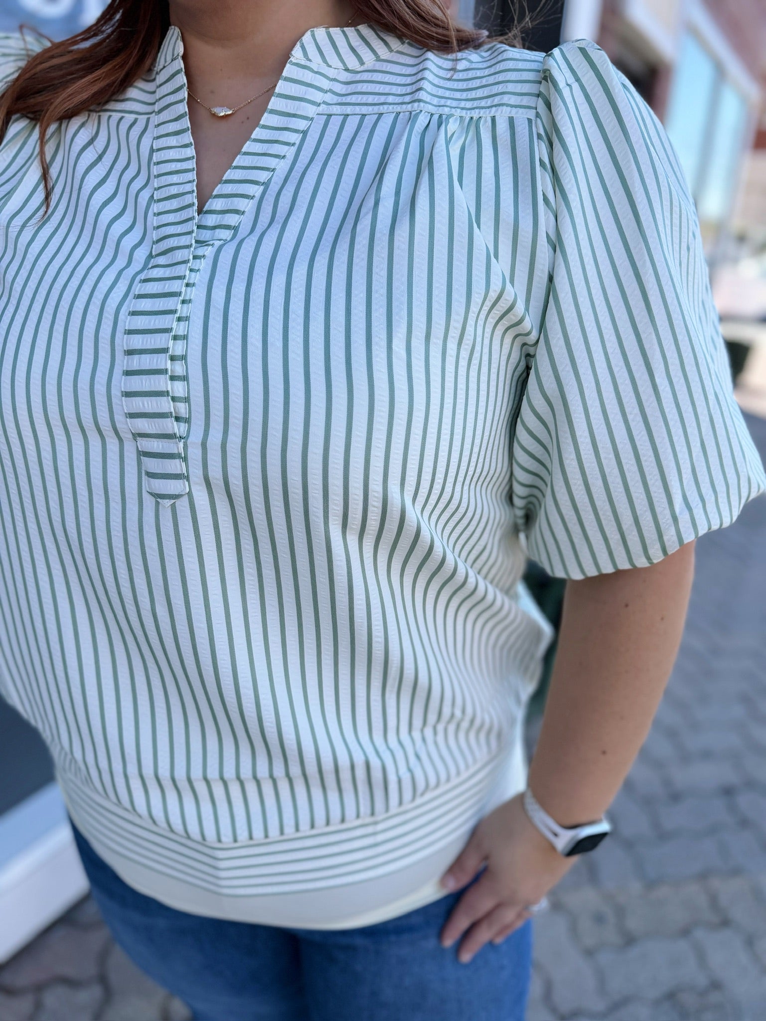 Curvy Sage Striped Bubble Sleeve Top