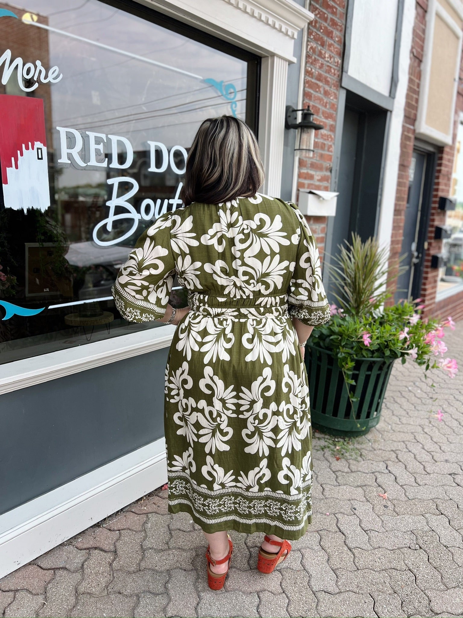 Curvy Olive 3/4 Sleeve Elastic Waist Dress