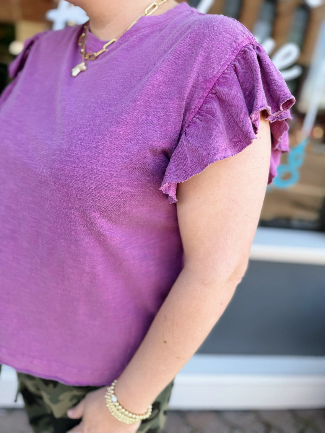 Orchid Ruffle Sleeve Short Sleeve Top