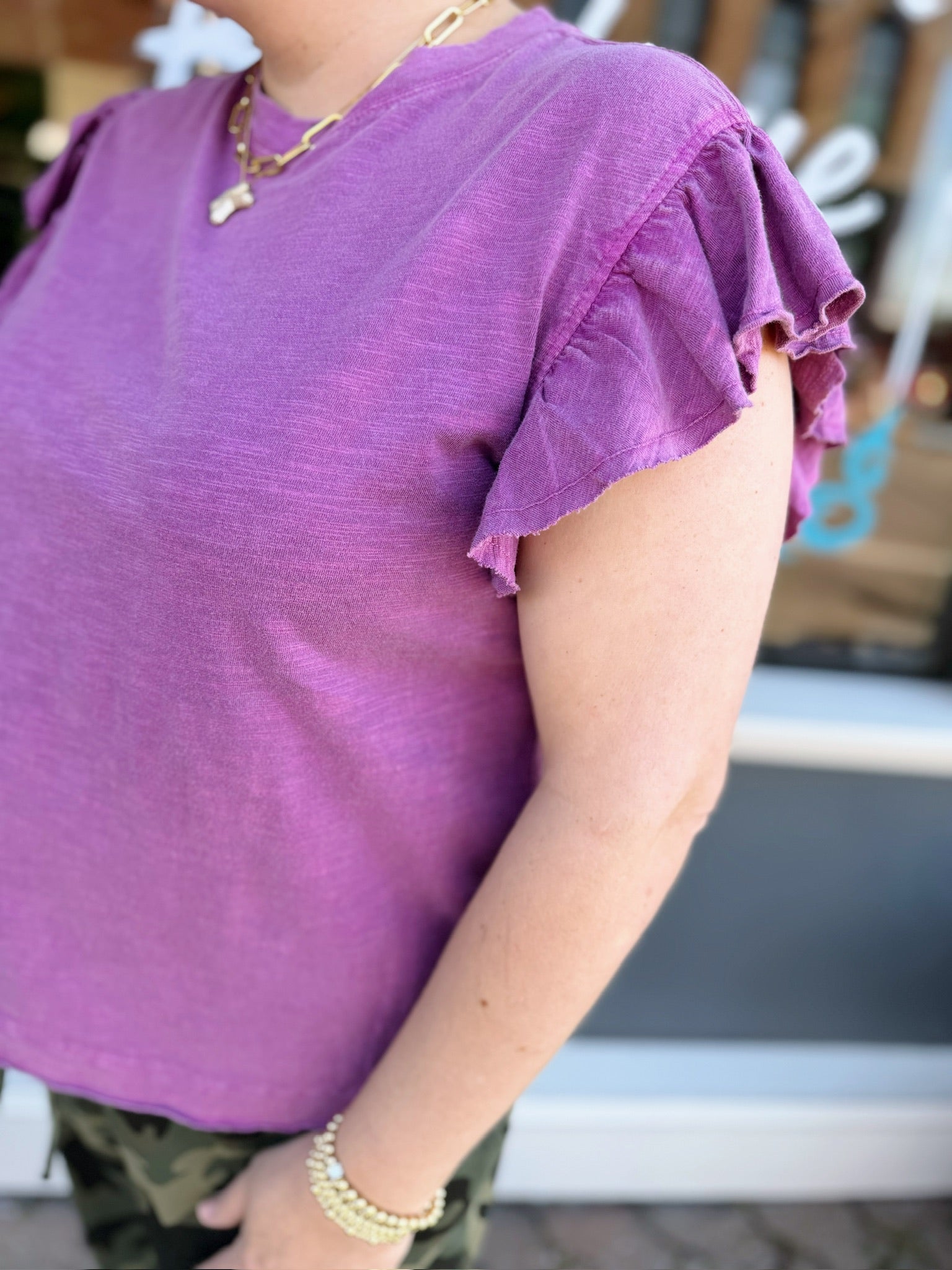 Orchid Ruffle Sleeve Short Sleeve Top
