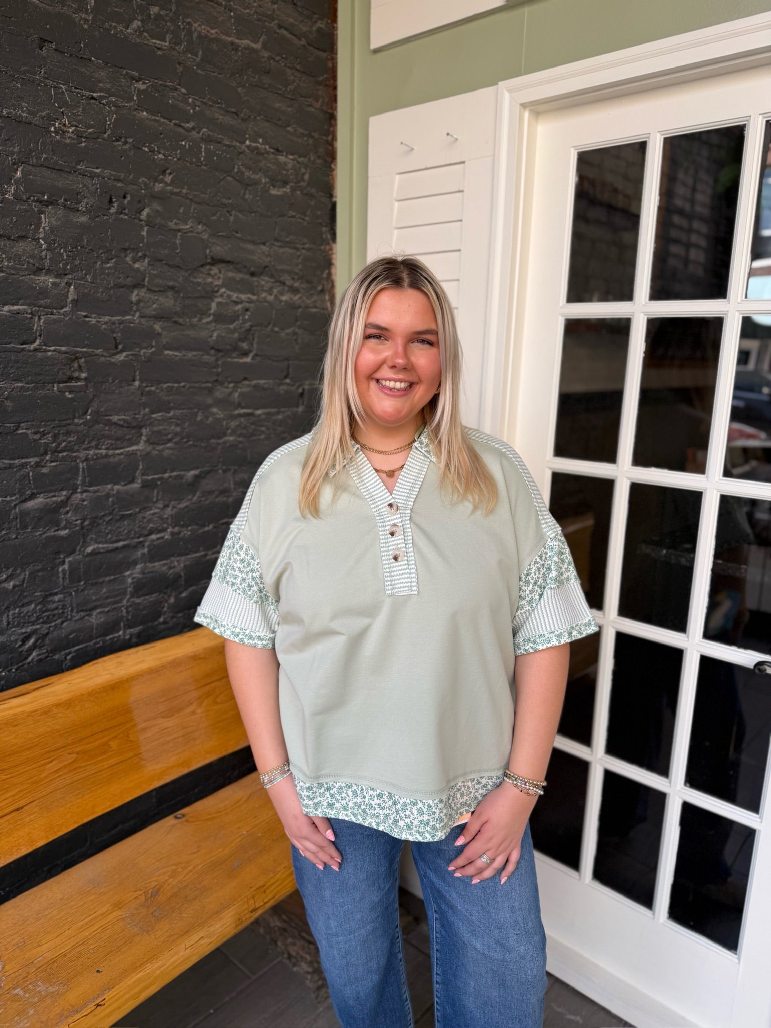 Curvy Floral Half Button Down Collared Top
