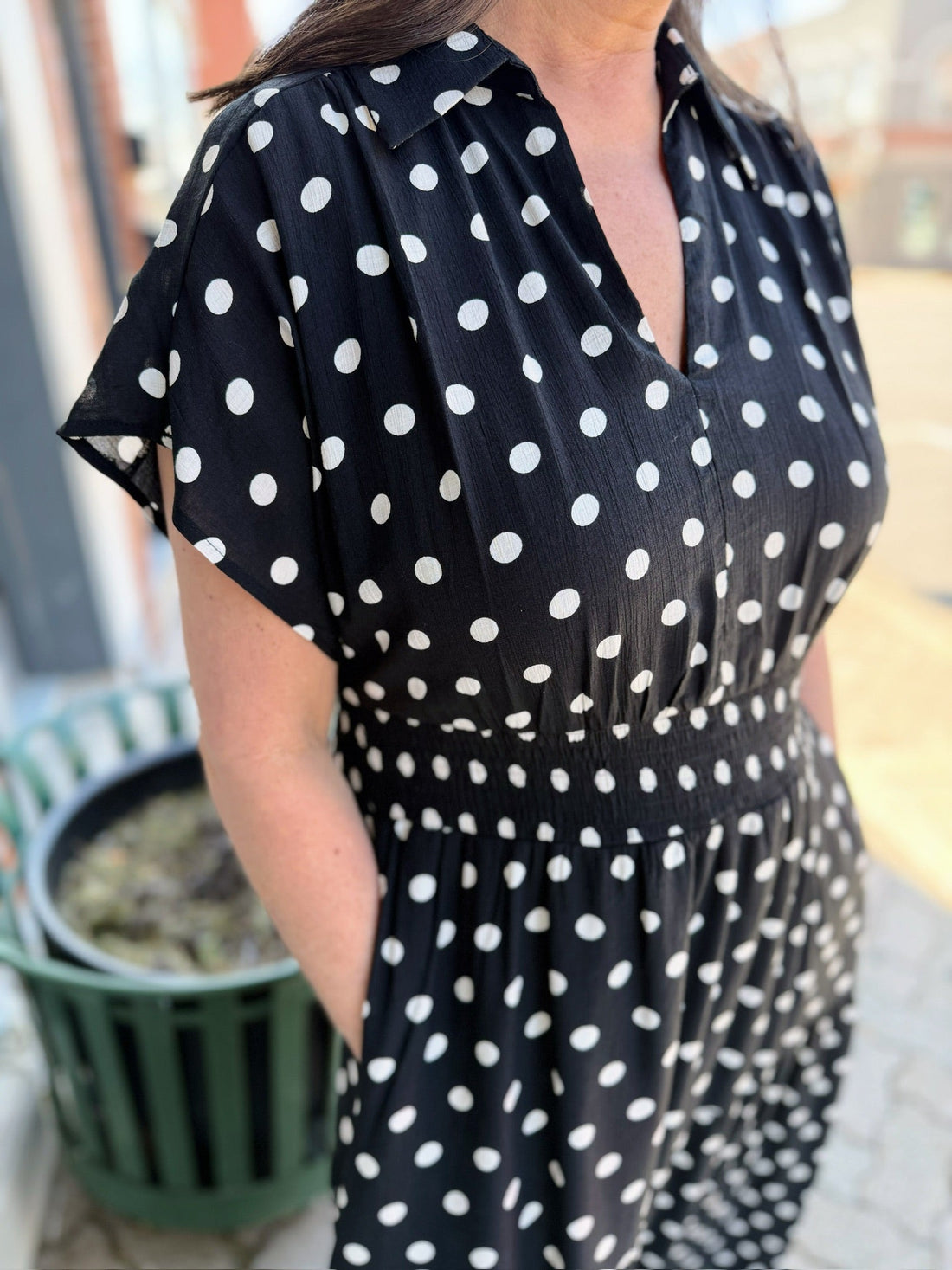 Black Polka Dot Drop Shoulder Collared Midi Dress