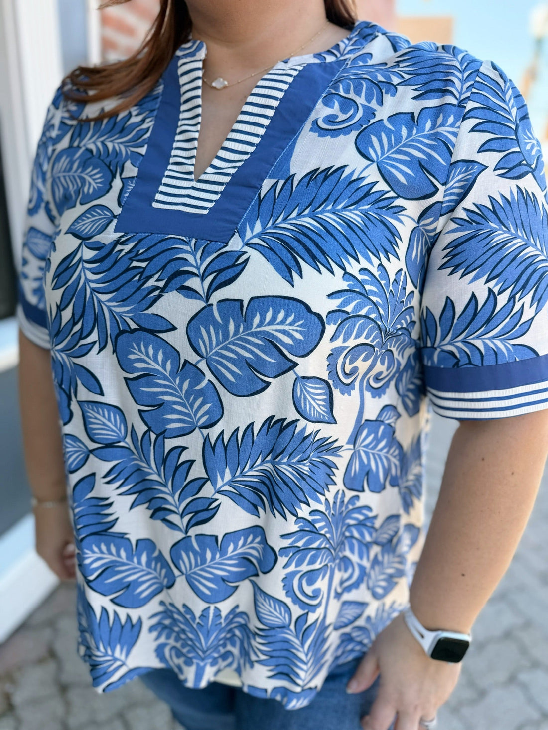 Curvy Blue Printed V-neck Top