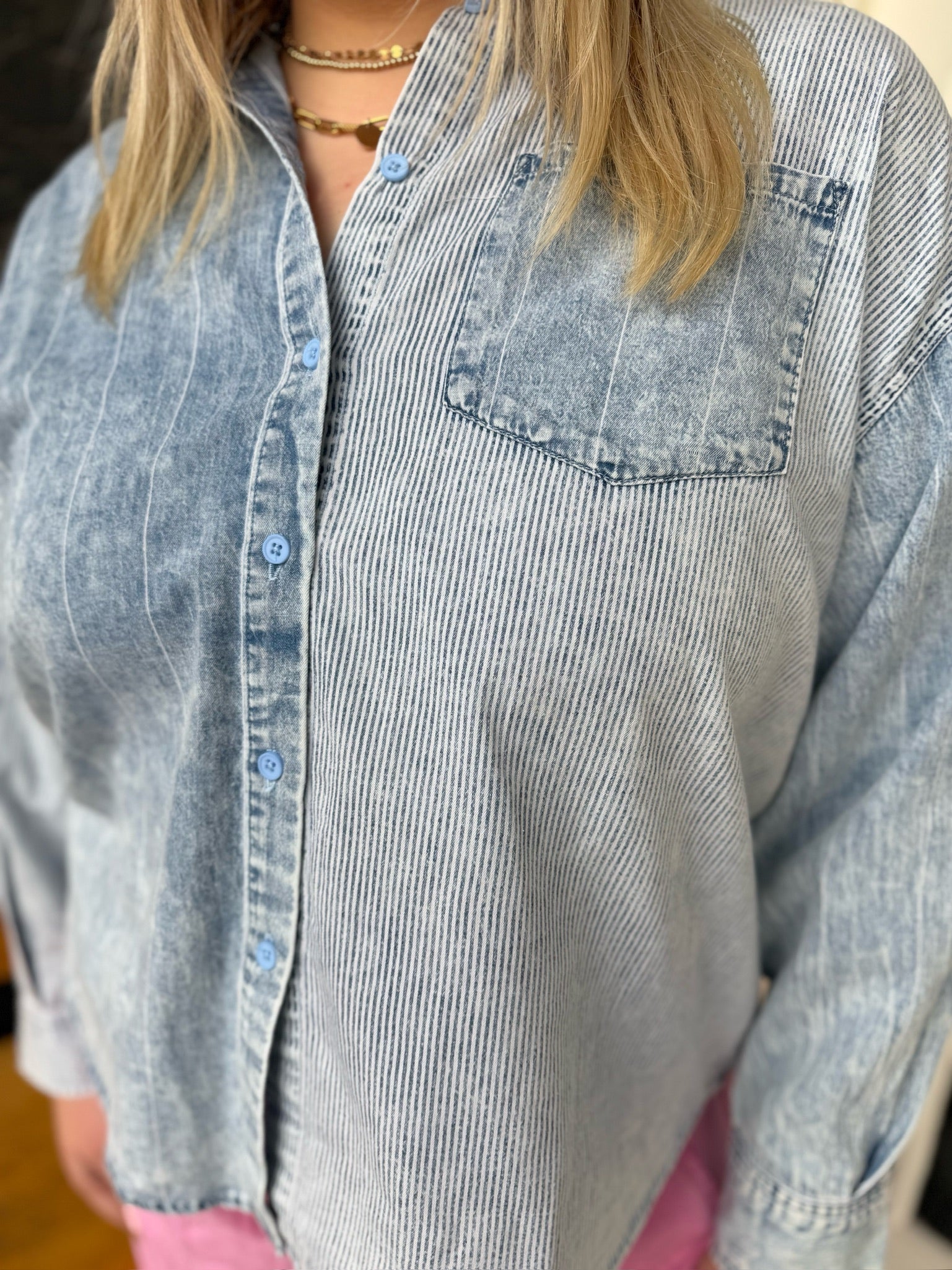 Curvy Chambray Striped Button Down Top