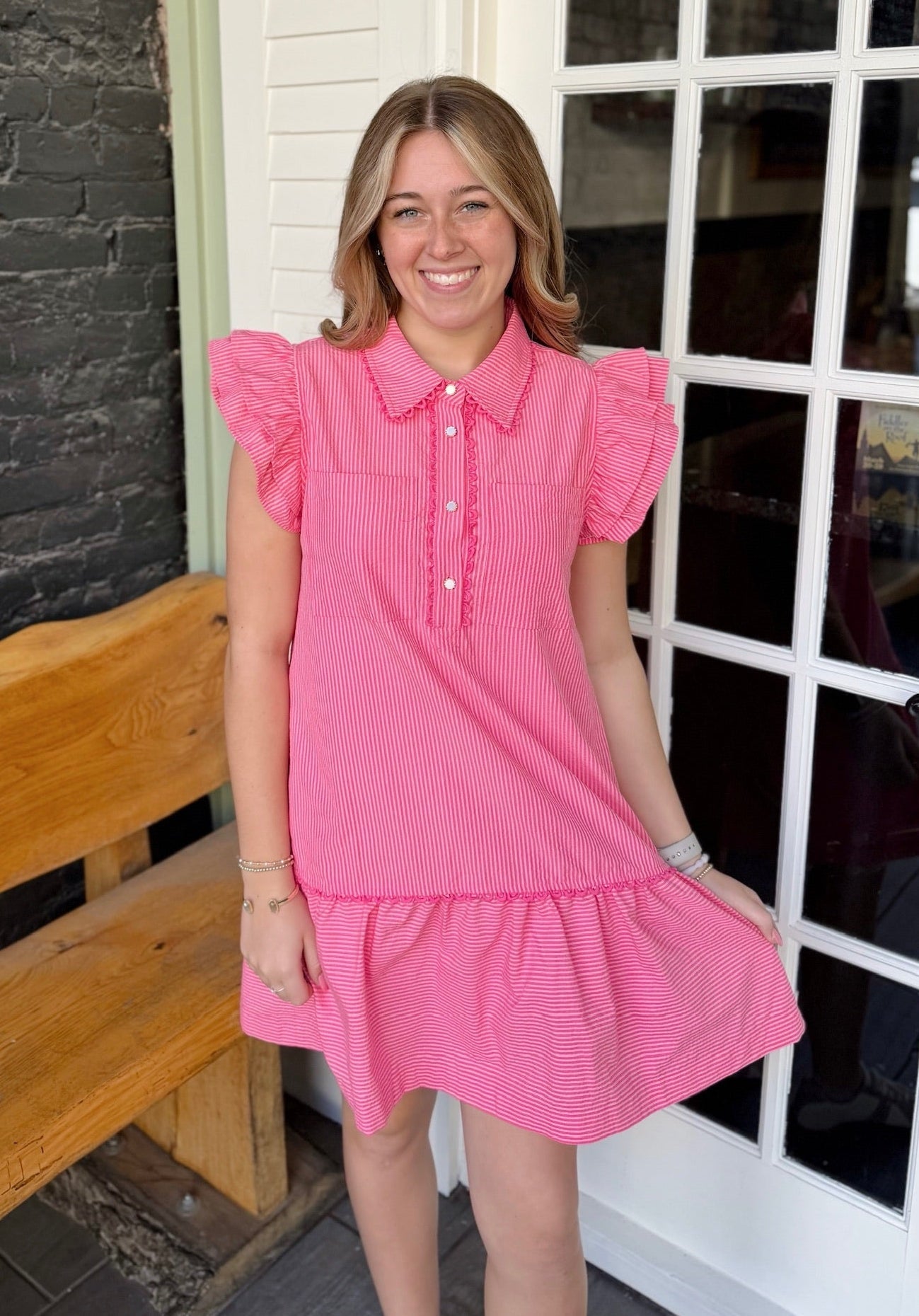 Pink Layered Ruffle Cap Sleeve Pinstripe Dress
