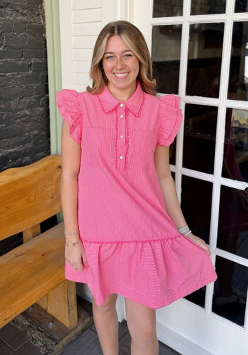 Pink Layered Ruffle Cap Sleeve Pinstripe Dress