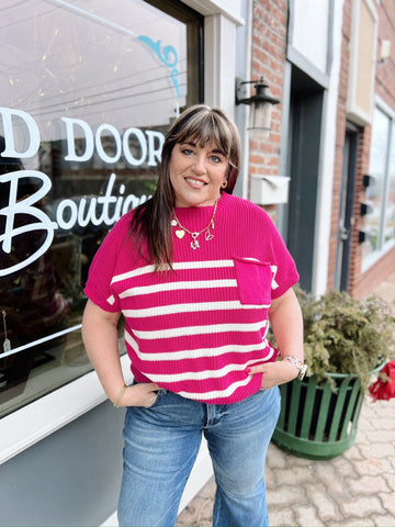 Curvy Pink Drop Shoulder Short Sleeve Striped Sweater Top