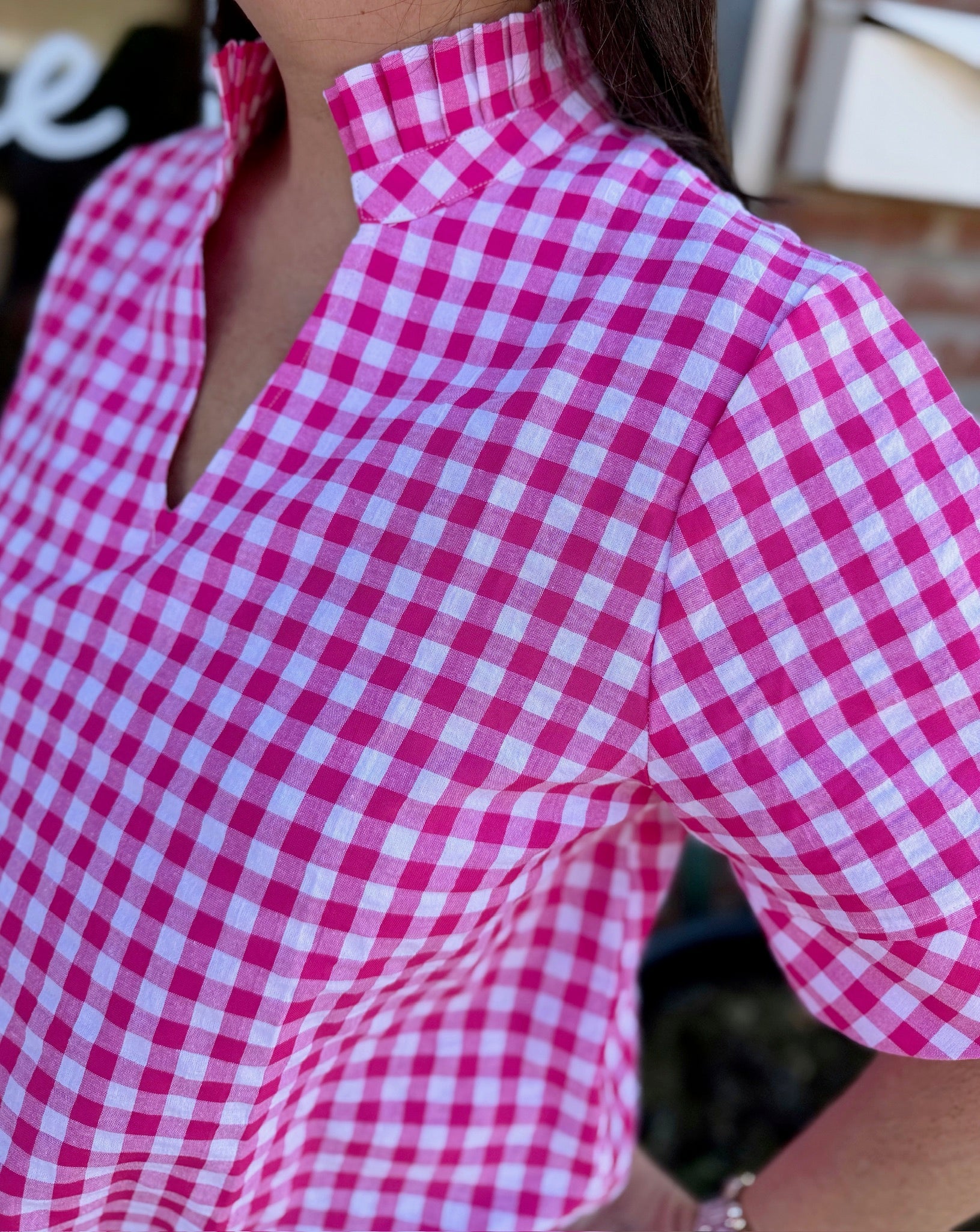 Pink Gingham V-Neck Top