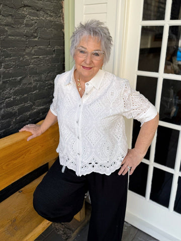 White Scalloped Hem Button Down Eyelet Top