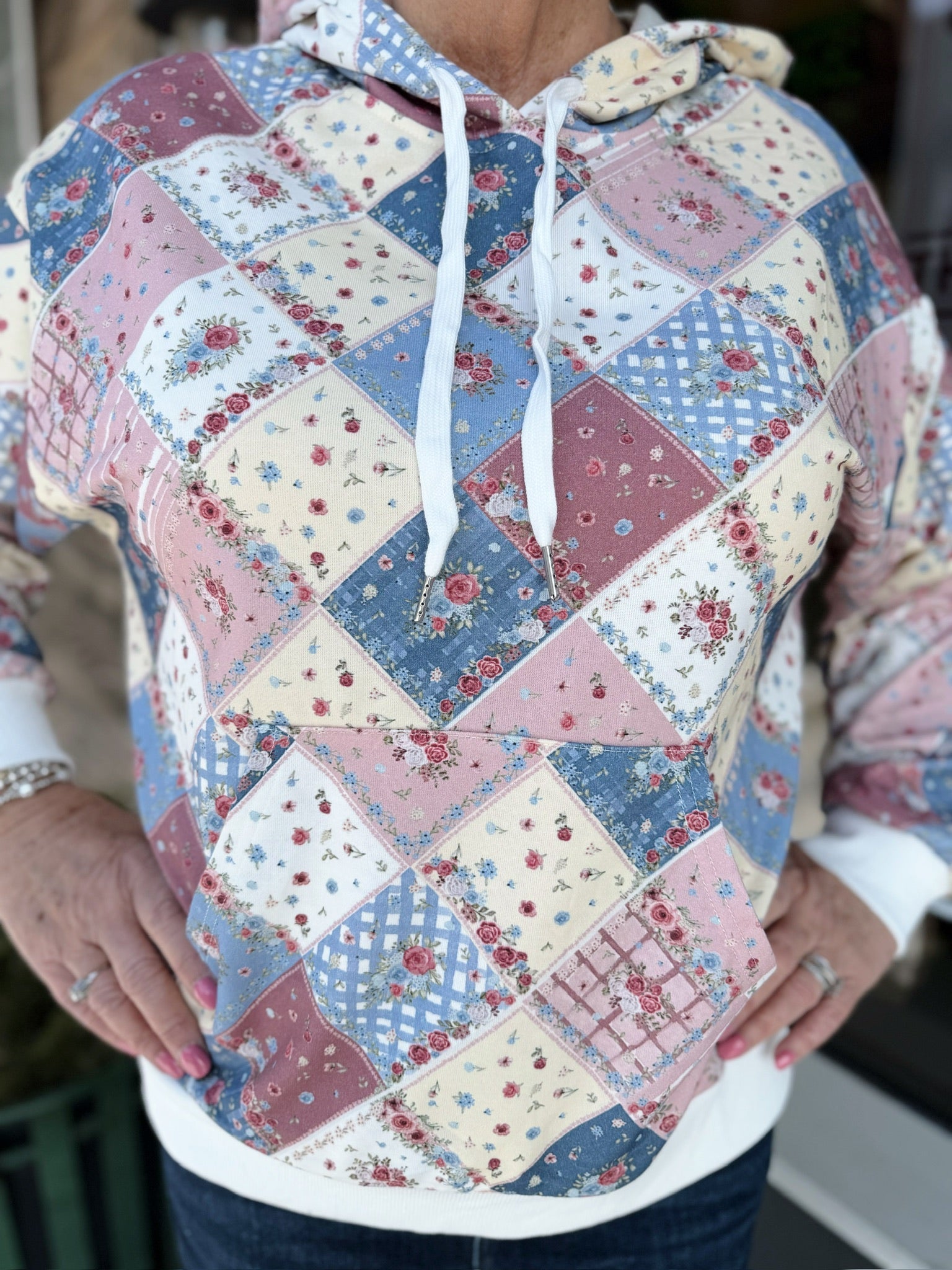 Blue and Pink Floral Patchwork Hoodie