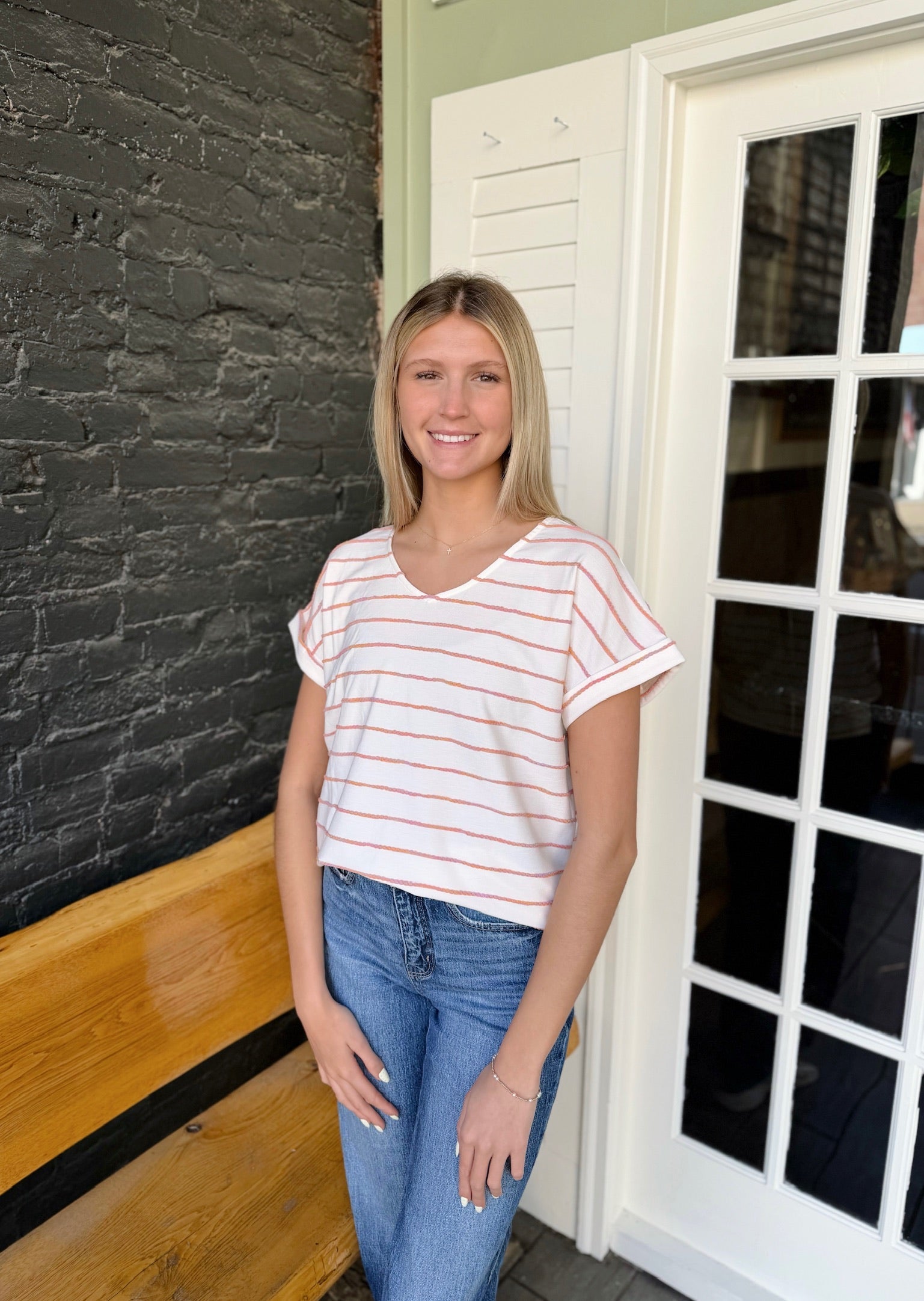 V Neck Short Sleeve Textured Stripe Top