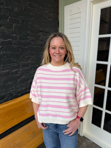 Pink Drop Sleeve Round Neck Striped Knit Sweater