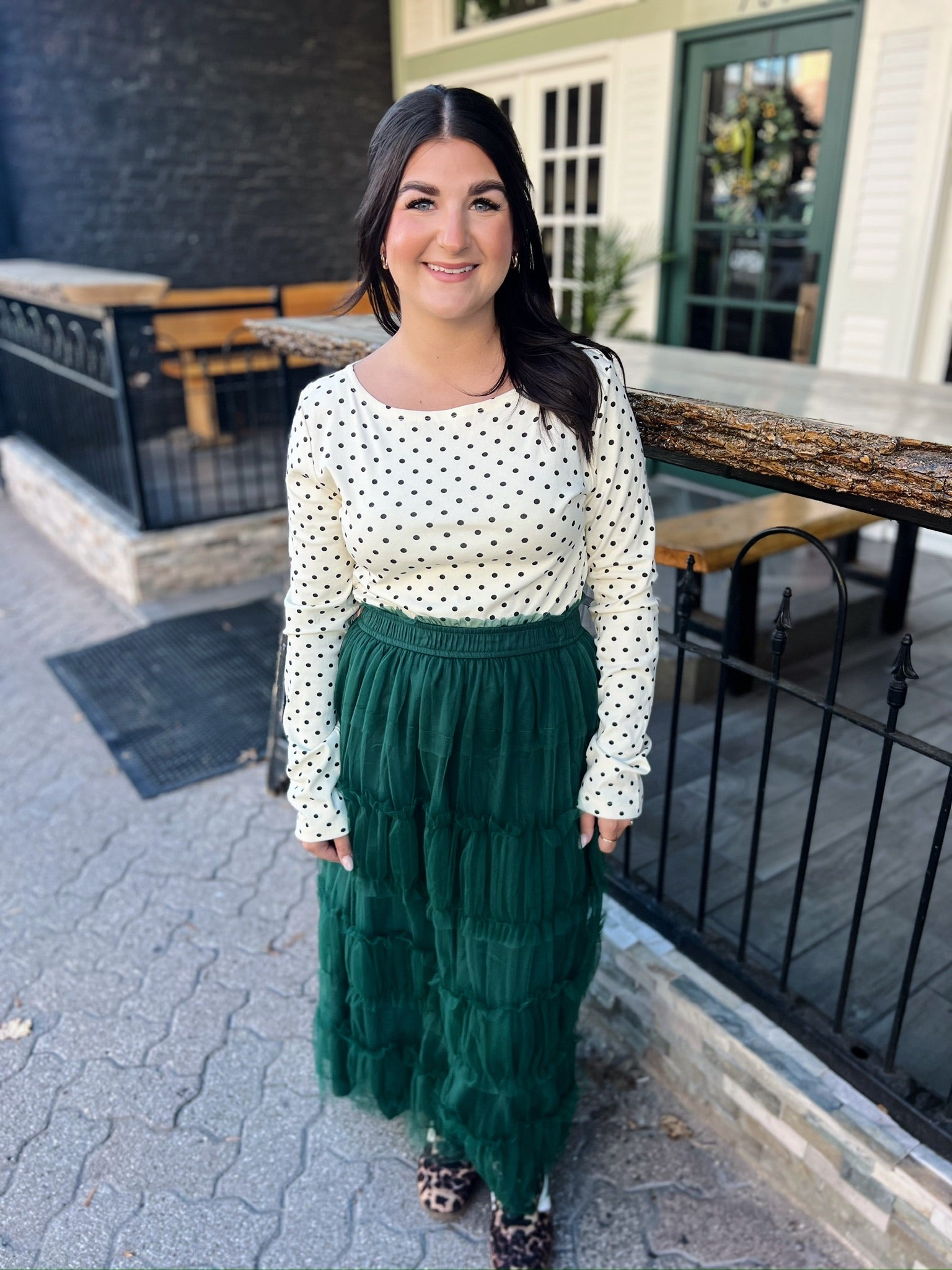 Long Sleeve Boat Neck Polka dot Top