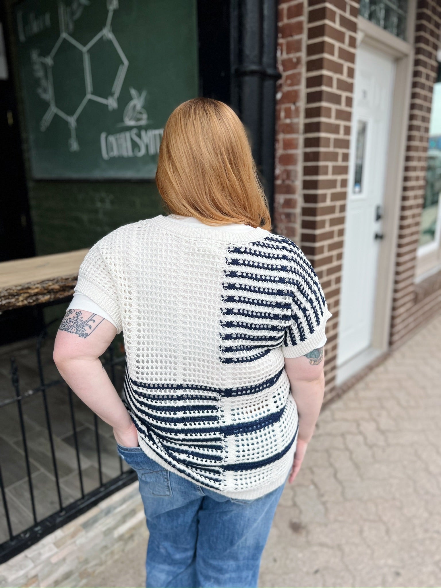 Curvy White and Navy Crochet Knit Top