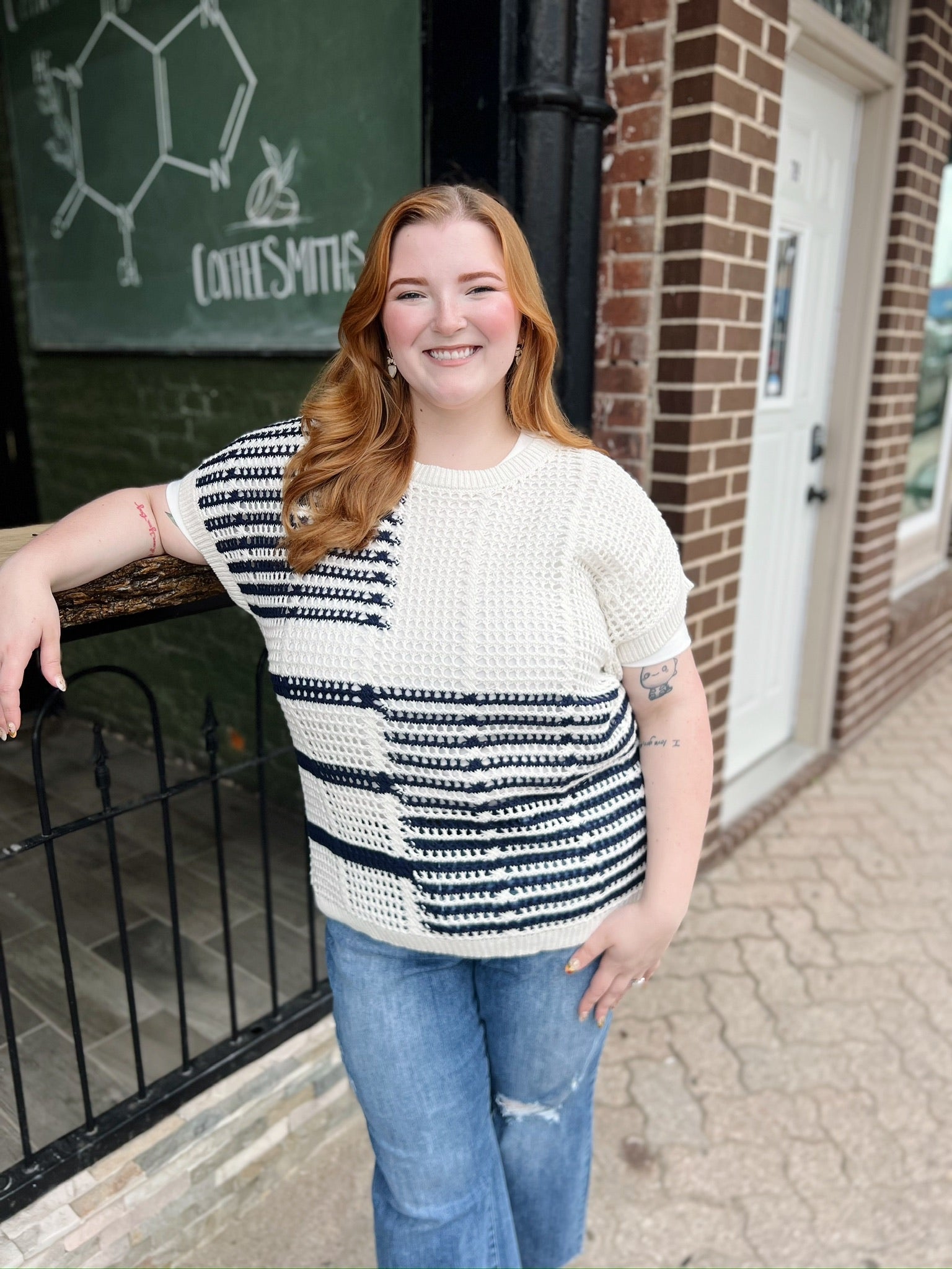 Curvy White and Navy Crochet Knit Top