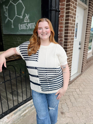 Curvy White and Navy Crochet Knit Top