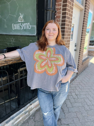 Curvy Slate Short Sleeve Top with Orange & Lime Daisy Patchwork
