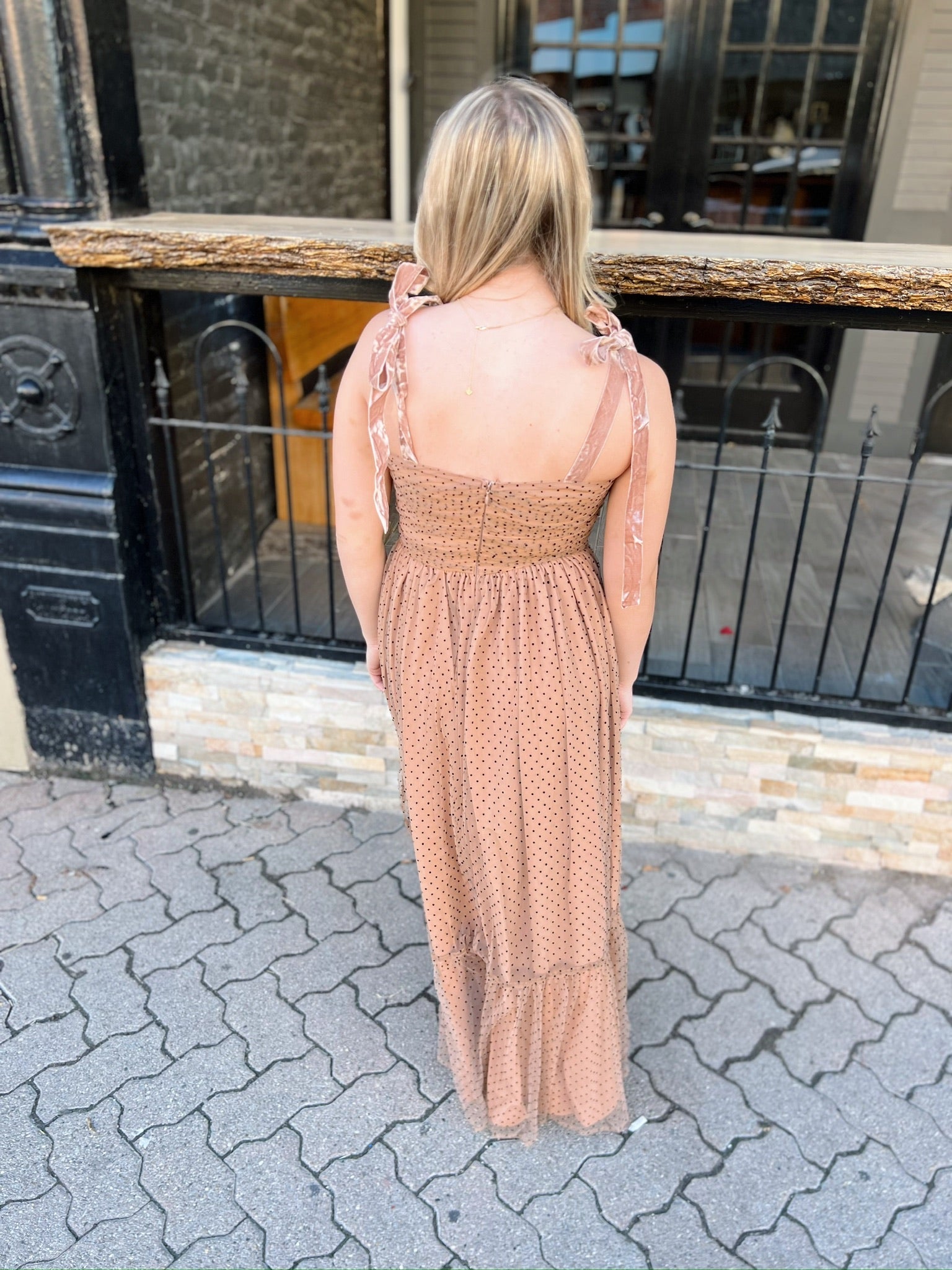 Camel Polka Dot Tulled Bottom Flare Midi Dress