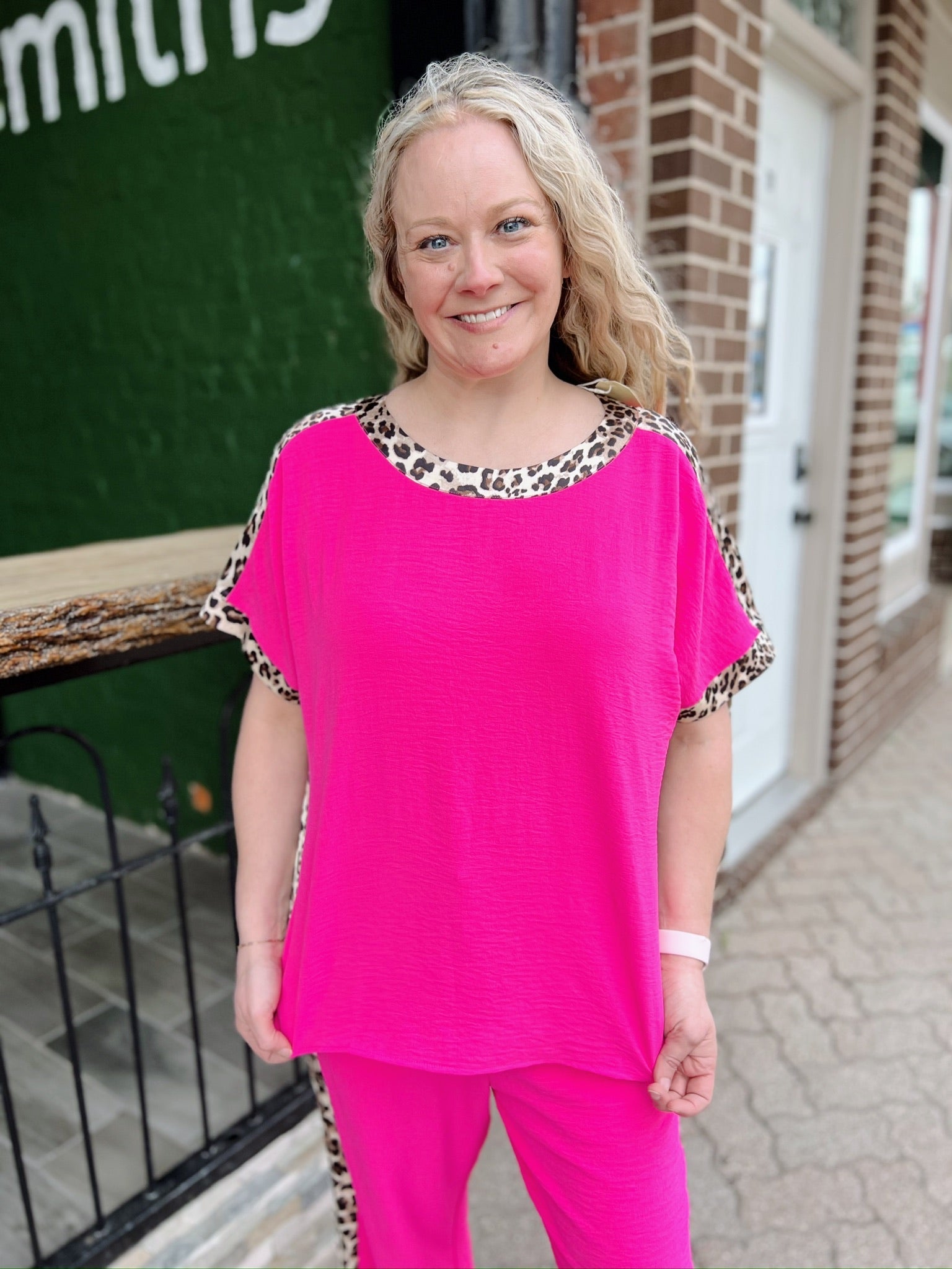 Pink Leopard Trim Dolman Top