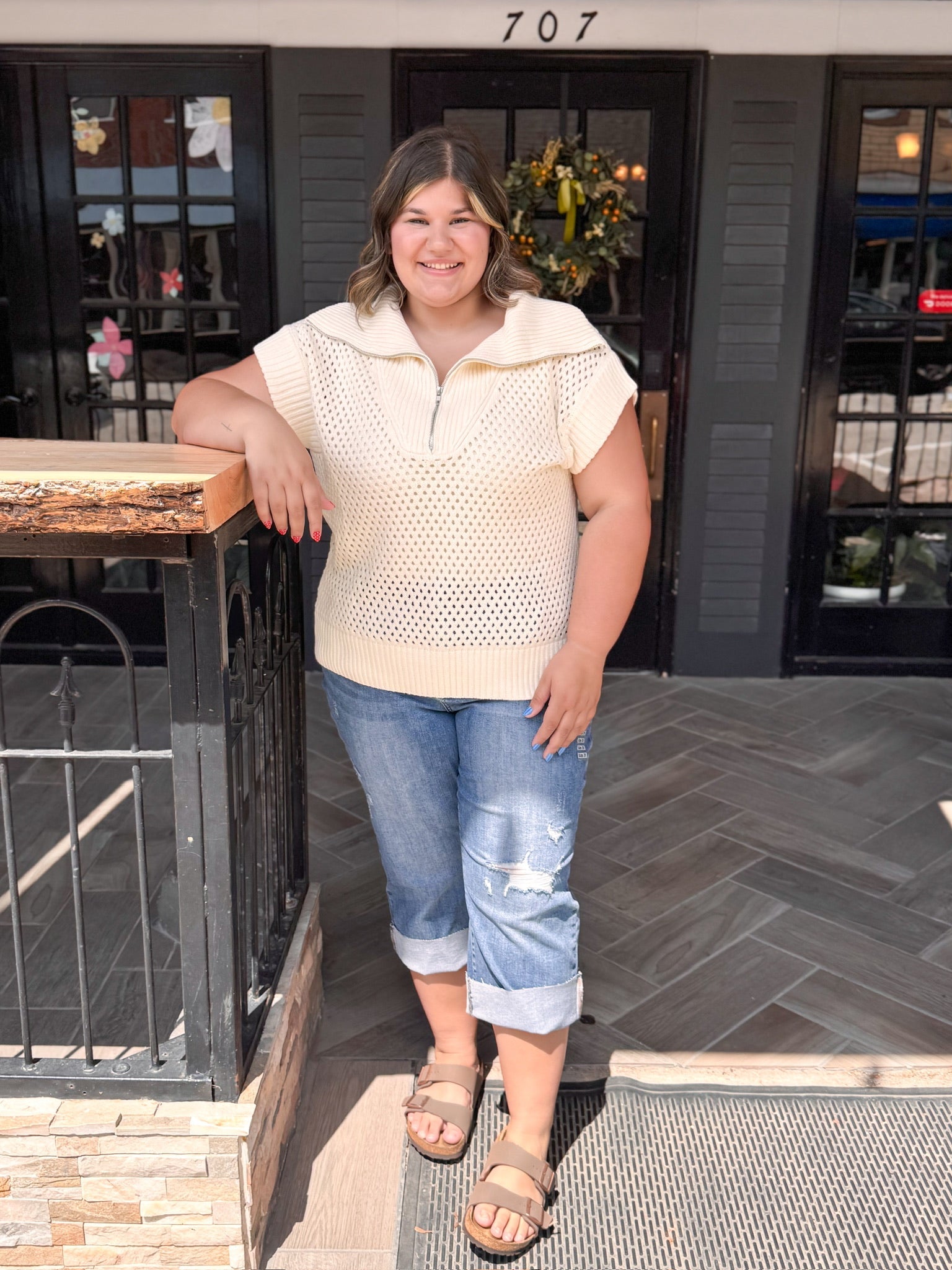 Curvy Ivory Collared Drop Shoulder Half Zip Sweater Top