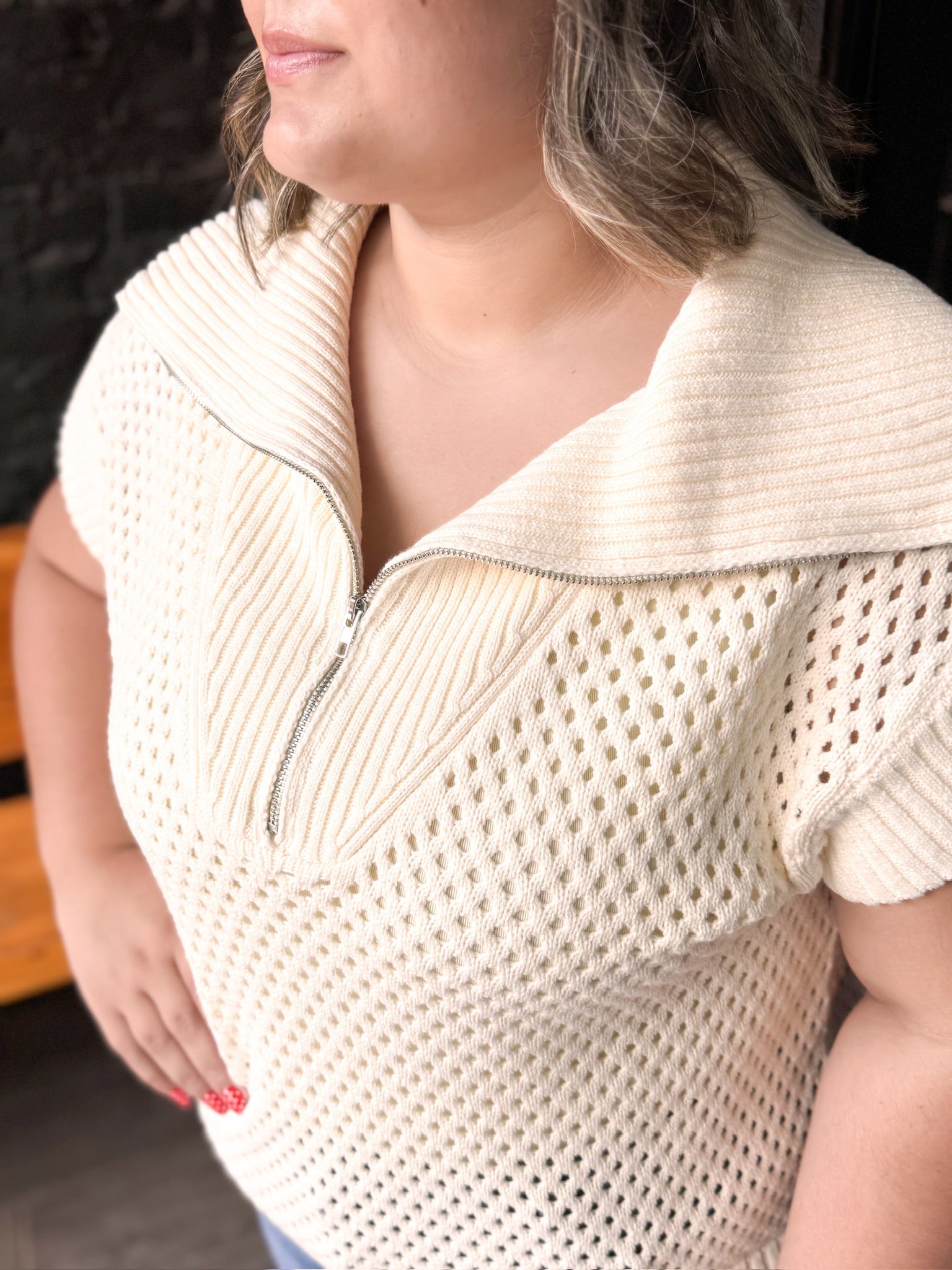 Curvy Ivory Collared Drop Shoulder Half Zip Sweater Top