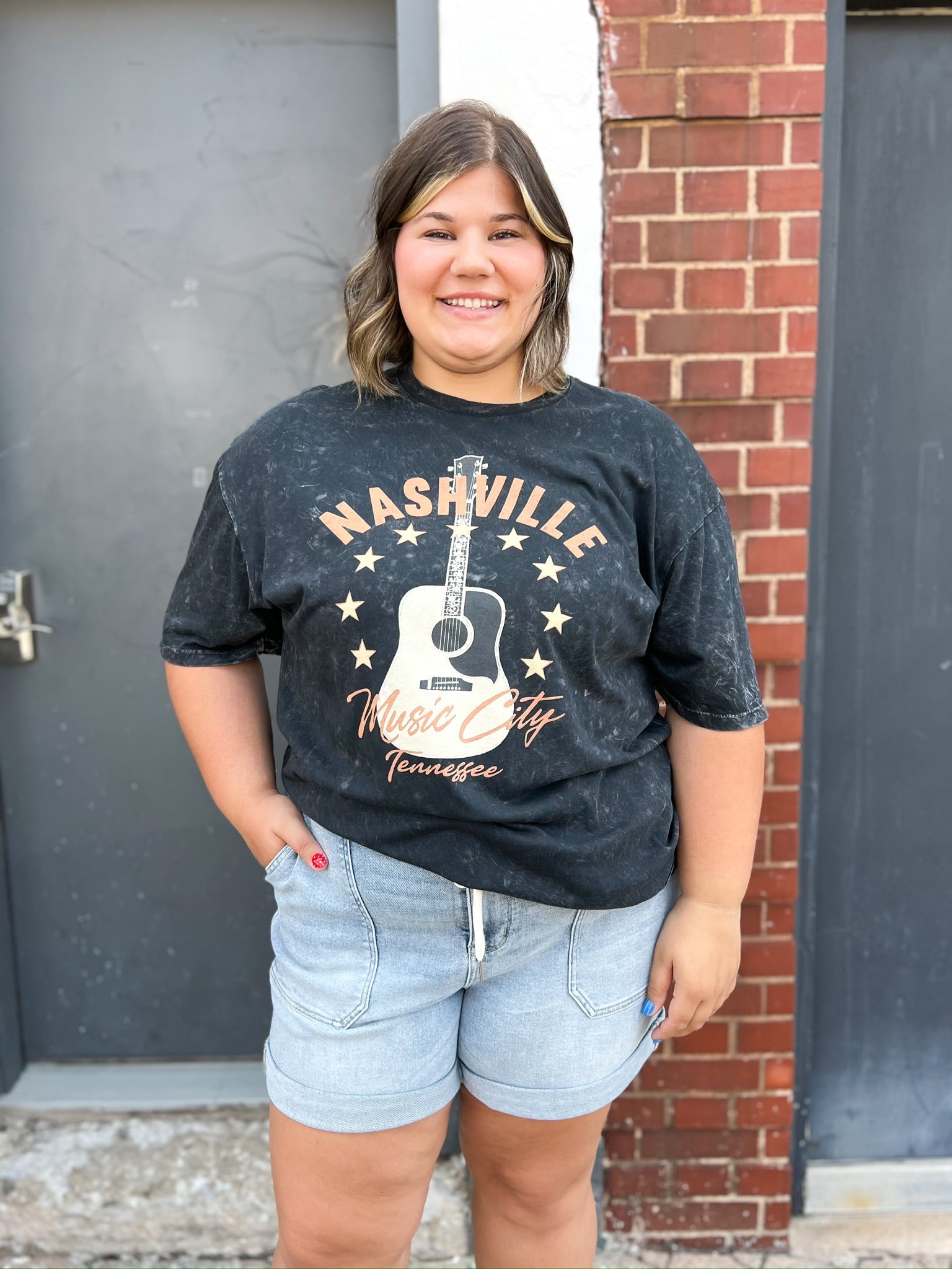 Curvy Black Mineral Wash Nashville Music City Graphic Tee